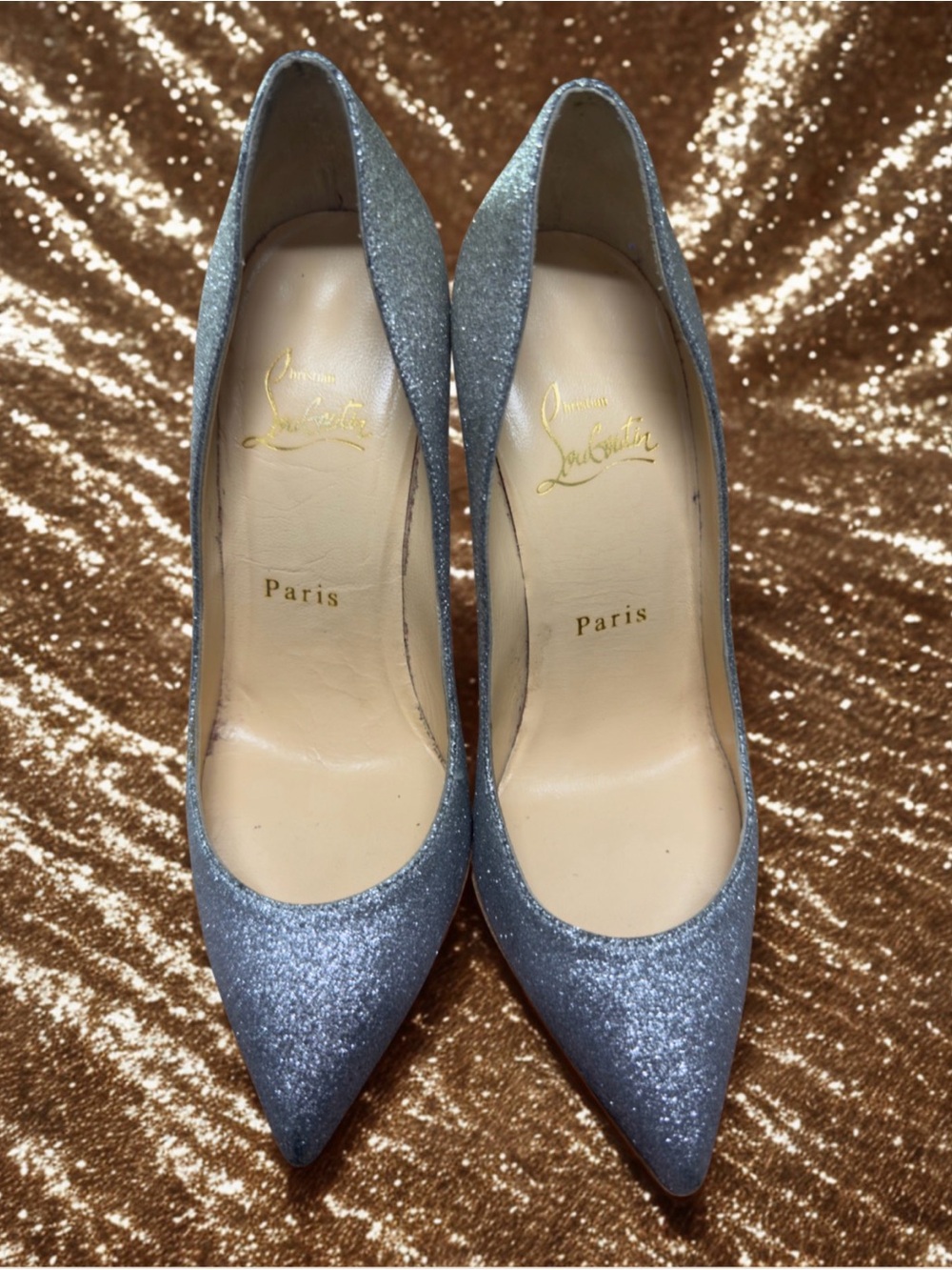 Christian Louboutin Silver Glitter Pointed-Toe Pumps - Sparkle Finish